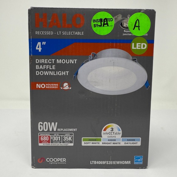 Halo 4" LED Recessed Direct Mount Baffle Downlight LT Selectable 60W Replacement - Picture 1 of 9